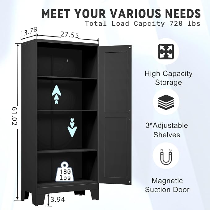 Pantry Cabinet, 61-Inch Black Steel with 2 Doors and 3 Adjustable Shelves