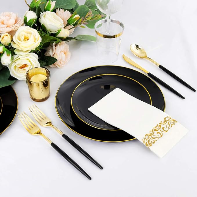 Plates Set, 350 Pieces, Black Plastic with Gold Accents