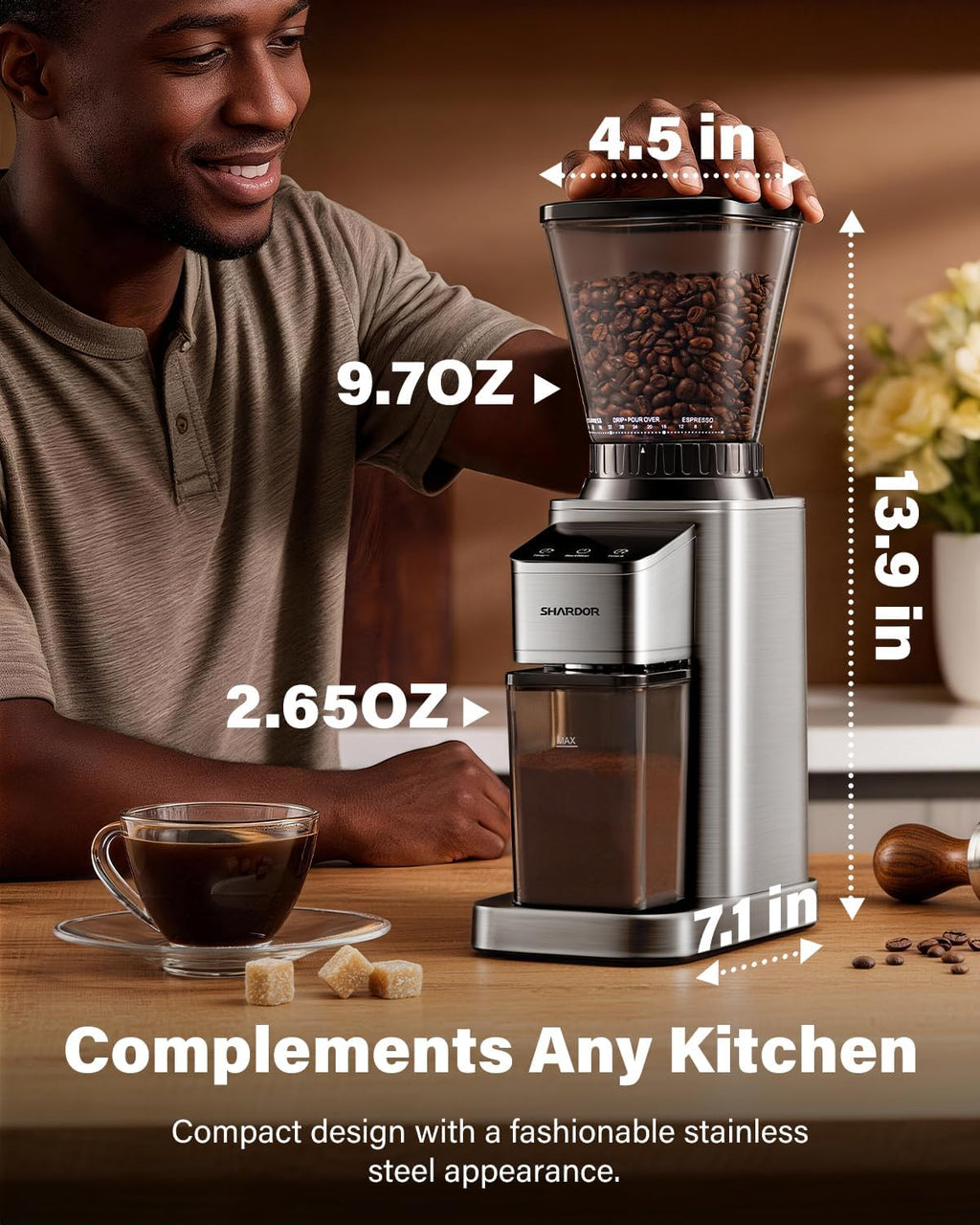 Conical Burr Coffee Bean Grinder, Anti-Static, 48 Settings, Silver – set view