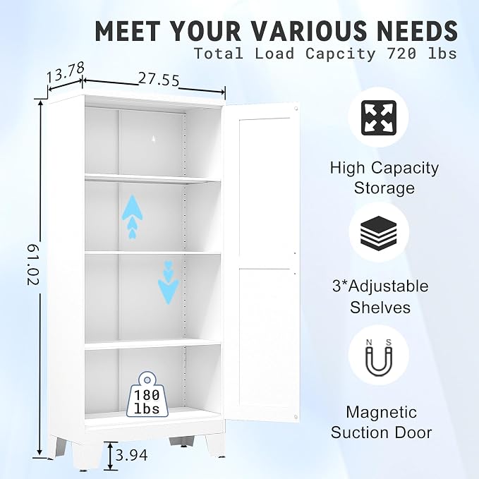 White Metal Pantry Cabinet, 61-Inch Tall with 3 Adjustable Shelves