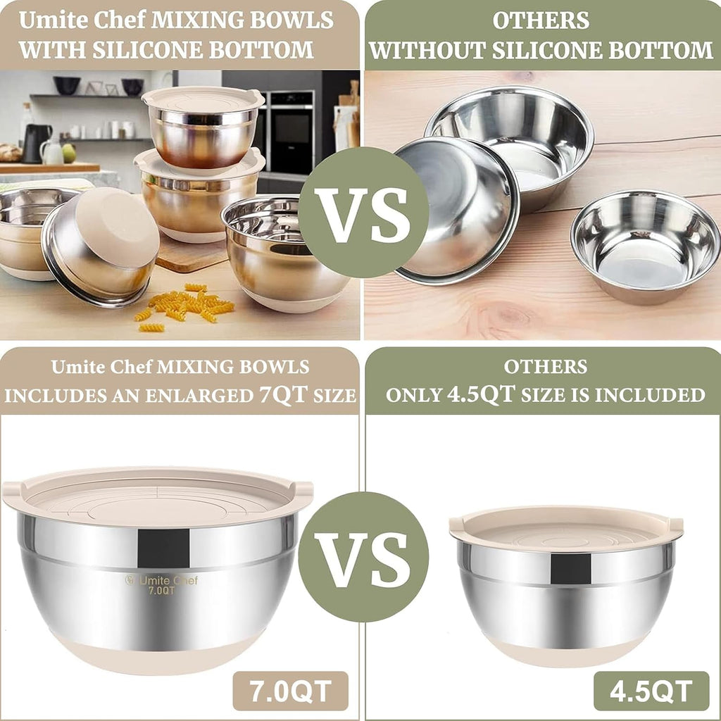 Mixing Bowls Set of 6, Khaki Stainless Steel Nesting Bowls with Lids