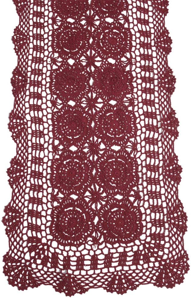 Table Runner Wine Red Crochet Lace, 100% Cotton, 14 x 60 Inch
