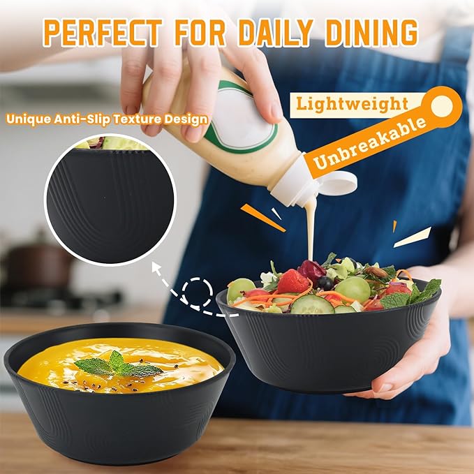 Bowl Set, 6 Pieces Black Wheat Straw Soup and Cereal Bowls