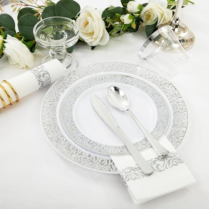 Plates for 50 Guests in Round Silver Plastic, High-Gloss Finish