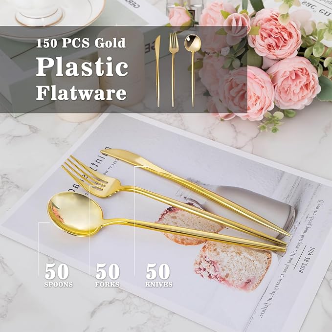 Forks: 150-Piece Gold Plastic Disposable Silverware Set, Heavy Duty