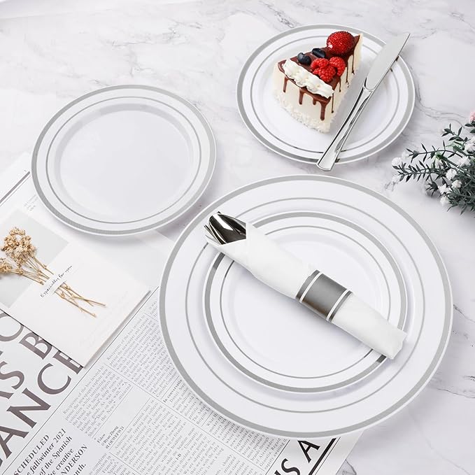 Plastic Party Dinnerware Set, 175 Pieces, White with Gold Rims