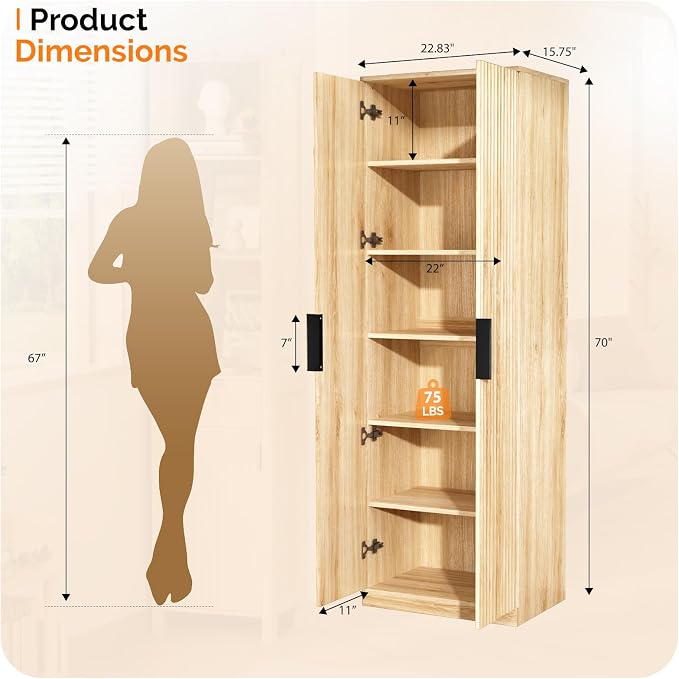 Pantry Cabinet, 70-inch Tall Oak with Fluted Doors and 5 Adjustable Shelves