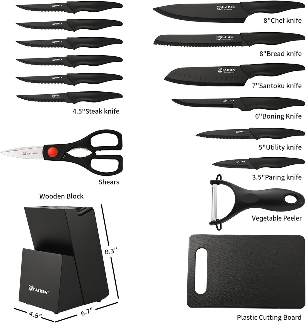 Knife Block Set, 16-Piece, High-Carbon Steel, Black, Dishwasher Safe