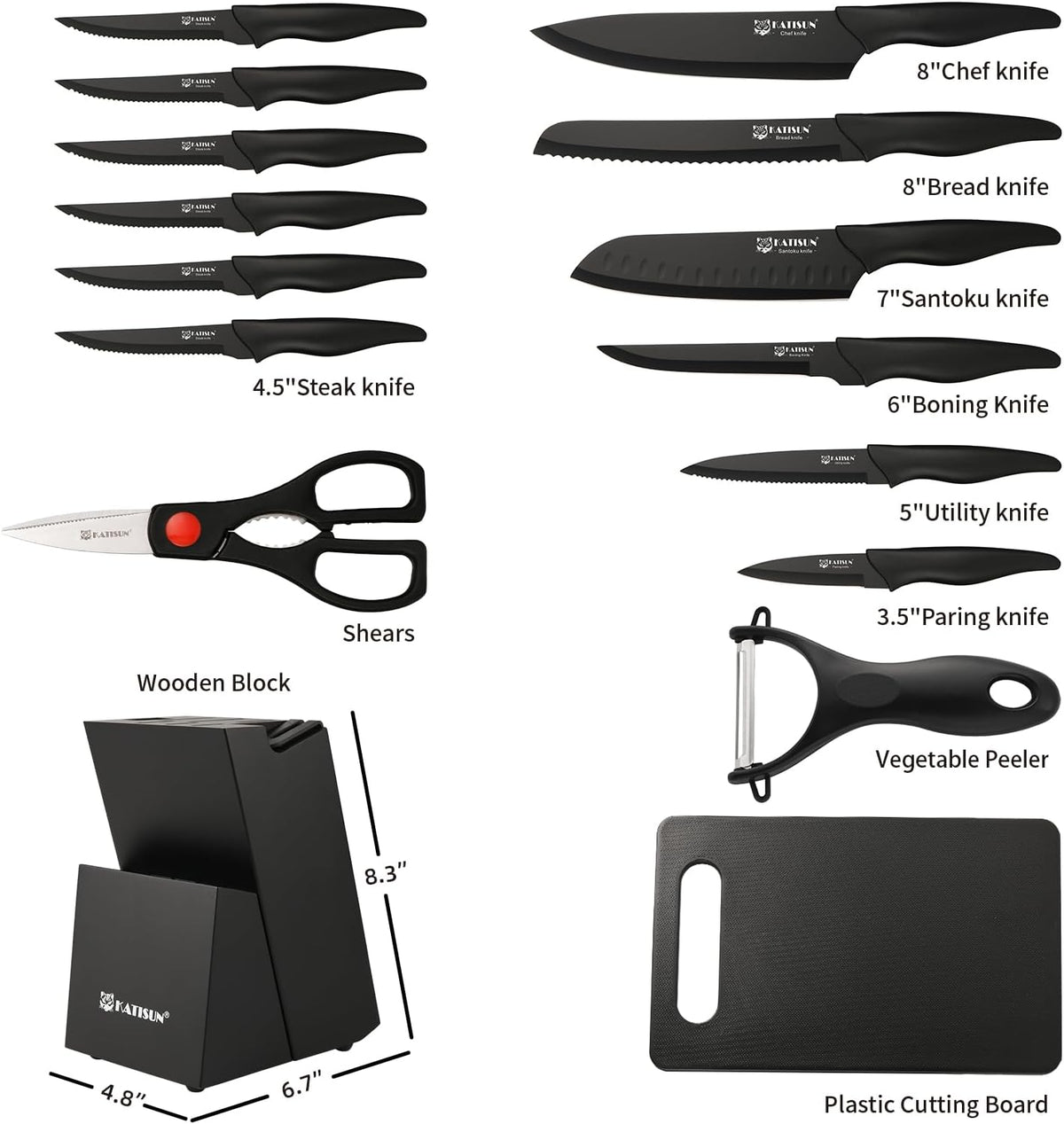 Knife Block Set, 16-Piece, High-Carbon Steel, Black, Dishwasher Safe