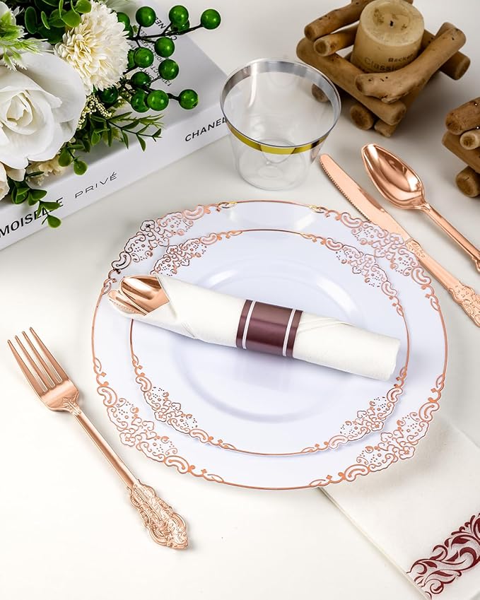 Plates Set with Rose Gold Border, Disposable Plastic, 350 Pieces
