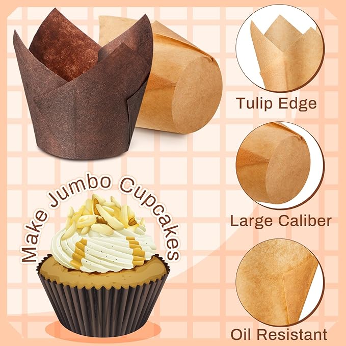 Baking Cups, Jumbo Tulip Paper, 300 Count, Light Brown and White