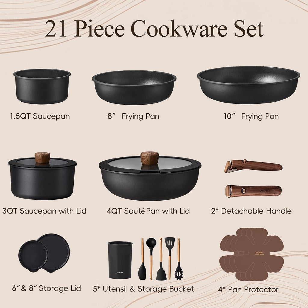 21-Piece Nonstick Cookware Set with Removable Handles, Black