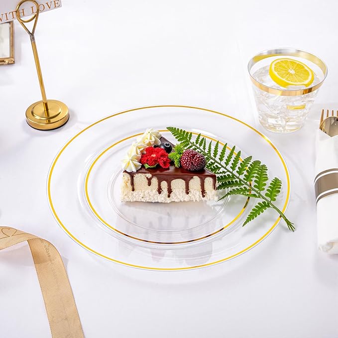 Gold-Rimmed Clear Plastic Plates, 175-Piece Set for 25 Guests