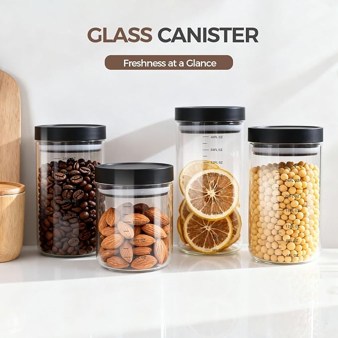 Glass Food Storage Canisters, Set of 3, 42oz, Black with Press-Seal Lids