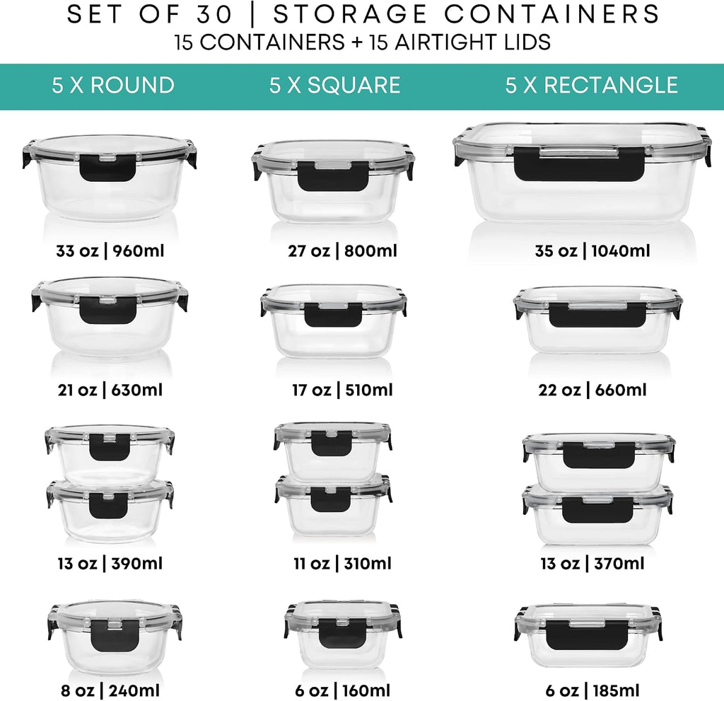 Food Storage Container Set, 30 Pieces Black Glass with Snap Lids