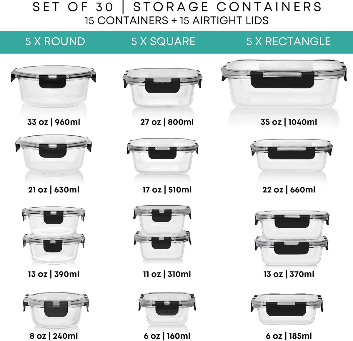 Food Storage Container Set, 30 Pieces Black Glass with Snap Lids