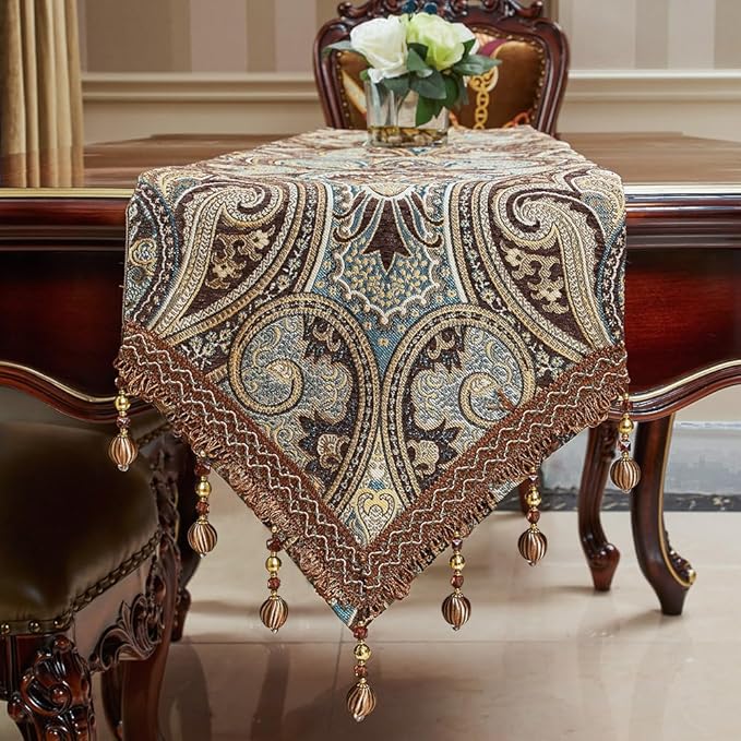 Table Runner, 12 x 120 Inch Coffee Floral Embroidered Polyester Suede