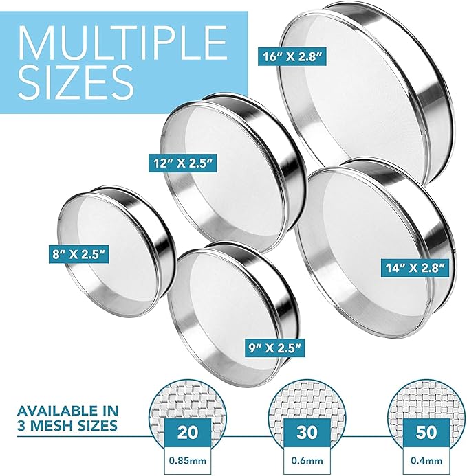 Stainless Steel Flour Sifter Fine Mesh Round Flour Sieve for Baking 12" Diameter x 2.5" High; 30 Mesh (Hole Size 0.6mm)
