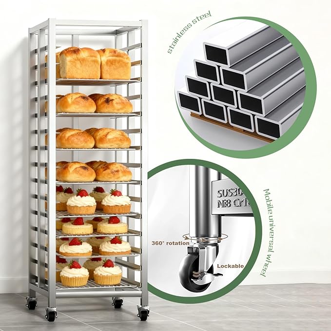 Bun Pan Rack, Commercial Bakery Sheet Rack with Brake Wheels, 15-Tier Stainless Steel Baking Tray Food cart ，for Bakeries Restaurant & Catering（Trays Not Included） ﻿ (15 Tier)