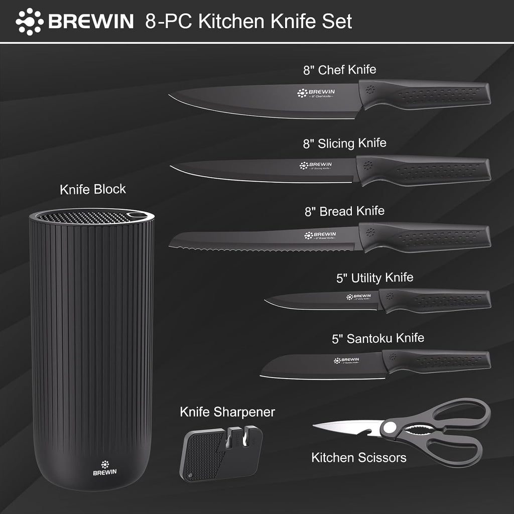 Knife Set, 8PC Kitchen Knife Set with Universal Block and Scissors – features