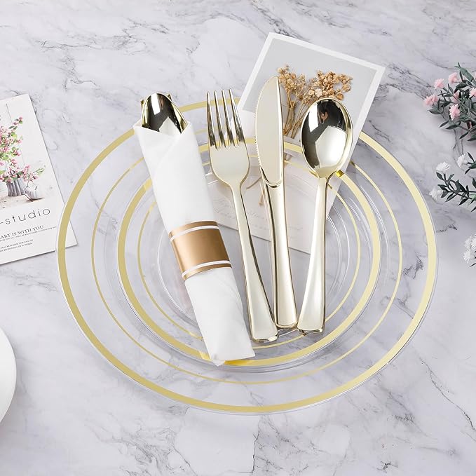 Plastic Plates Set, Clear with Gold Rim for 25 Guests