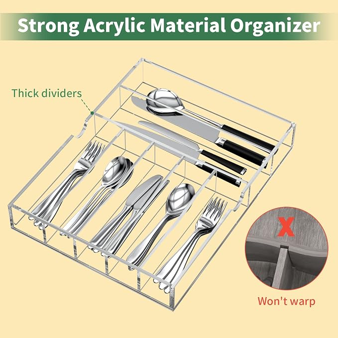 Acrylic Flatware Organizer, Expandable 9-Compartment Drawer Tray