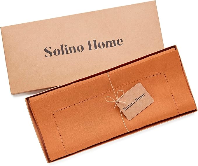 Table Runner in Pumpkin Pure Linen, 14 x 60 Inch Hemstitch
