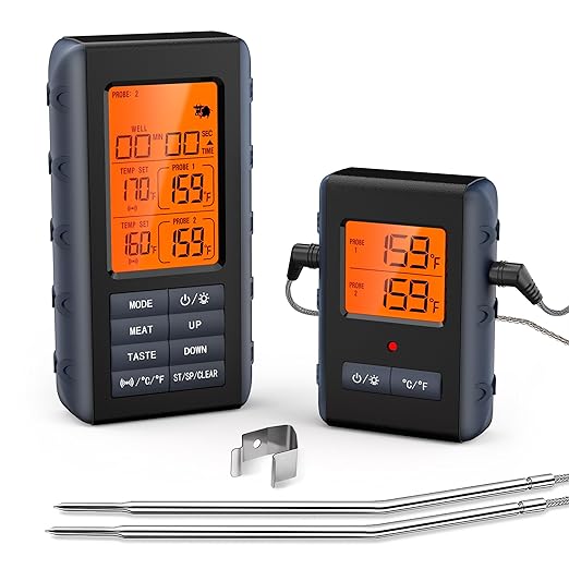Remote Meat Thermometer Wireless, Vauno Wireless Meat Thermometer for Grilling and Smoking with Dual Meat Probe, Kitchen Timer, Digital Cooking Food Thermometer for Smoker BBQ Oven Outside Grill