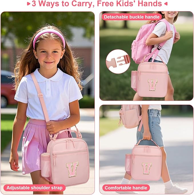 Initial Insulated Lunch Bag for Girls Kids, Back to School Gift, Reusable Leak-proof Lunch Box with Adjustable Strap for School Daycare Travel Picnic (Pink,V)