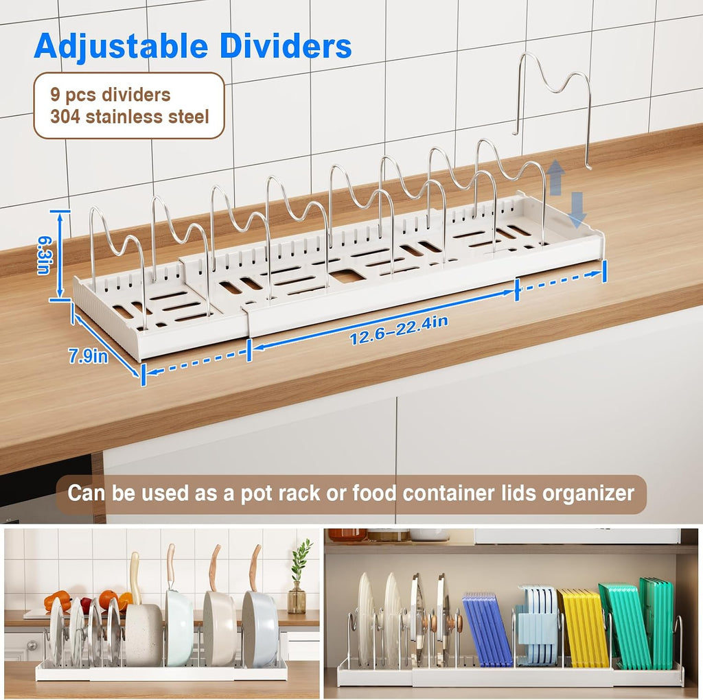 Cabinet Lid Organizer Rack, Expandable 12.6-22.4 Inch, 9 Dividers, White
