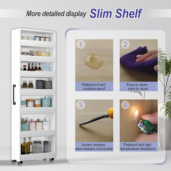 7-Tier Slim Storage Cart, Wooden Rolling Pantry Cabinet with Wheels, Narrow Shelf Organizer for Kitchen, Bakers Rack, Dining Room, Closet, Small Spaces Warm White 47.2" H*9.8" W*16.9" D