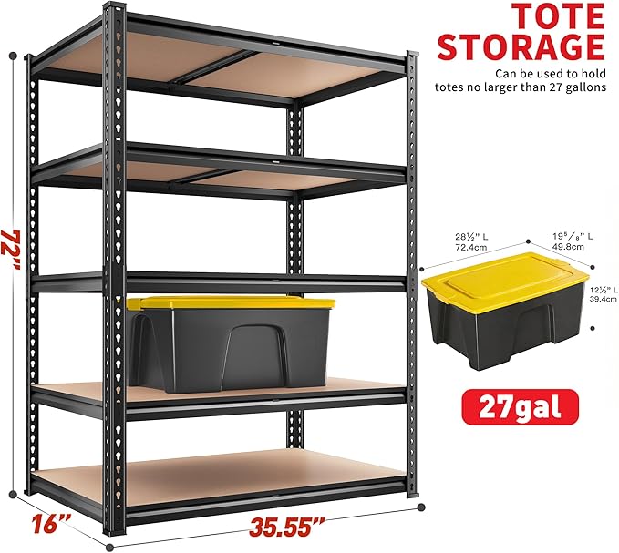 Standing Shelf Unit, 5 Tier, 72 Inch Tall, Black Metal, 2400 lb Capacity