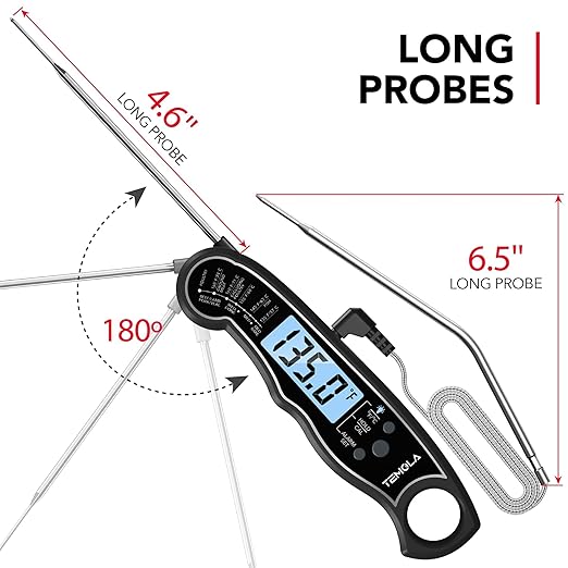 TEMOLA Meat Thermometer, Instant Read Food Thermometer for Cooking, Digital Food Thermometer with LCD Backlight for Candy Fry Grill BBQ Liquids, Kitchen Oven Safe Dual Probe 2 in 1 Thermometer