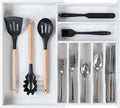 KitchenEdge Premium Silverware, Flatware and Utensil Organizer for Kitchen Drawers, Food-Safe Contract Grade, Expandable from 10.5 to 19 In, White Bamboo