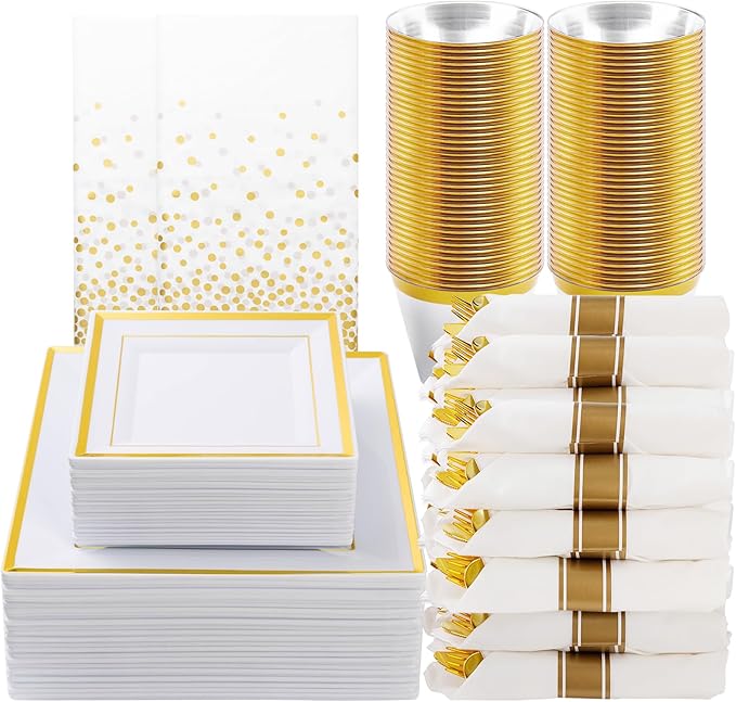 Plates Set, Gold Square Plastic, 352 Pieces for 50 Guests