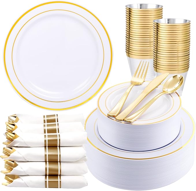 Plates Set in White and Gold Plastic, 350 Pieces for 50 Guests