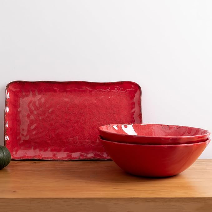 Pasta Bowls Set of 6, 9.25-Inch Melamine, Rustic Red Farmhouse Style