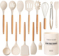 Country Kitchen Non Stick Silicone Utensil Set with Rounded Wood Handles for Cooking and Baking, 14 Piece Set, Khaki