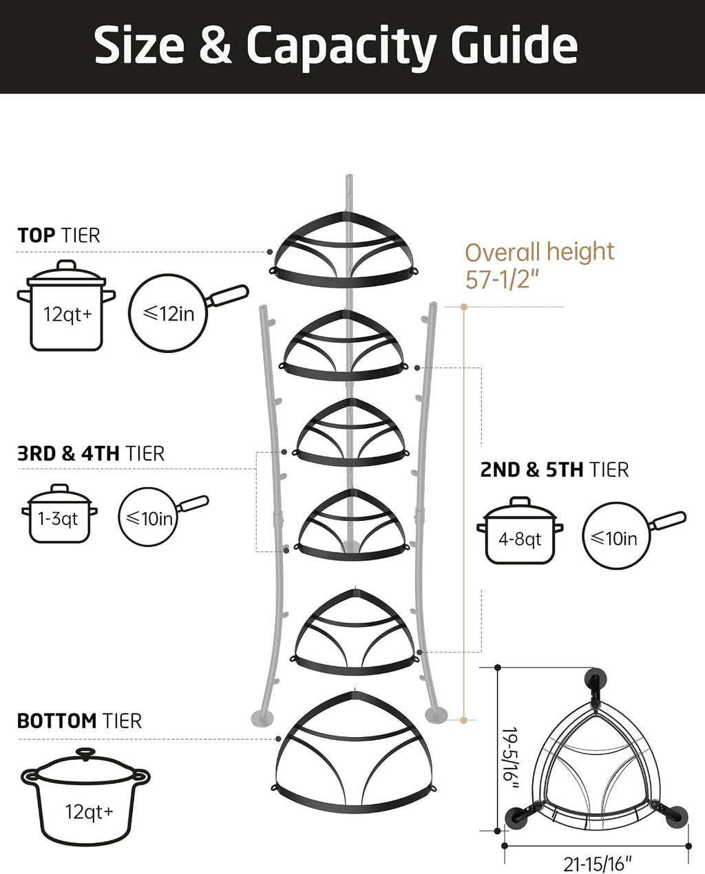 264 Lbs Capacity Freestanding Pot Rack, 6-Tier Cast Iron Cookware Stand with 6 – size reference