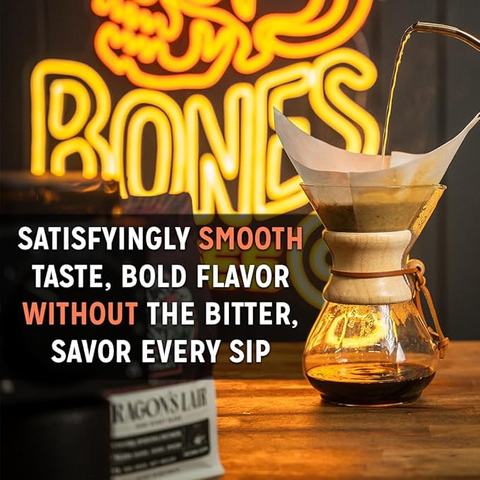 Bones Coffee Company Dragon's Lair, Smokey, Cacao and Caramelized Sugar Notes, Unflavored Coffee, Medium Roast Low Acid Arabica Beans Compatible with Auto drip and French Press Coffee Maker, 12 Oz Whole Bean