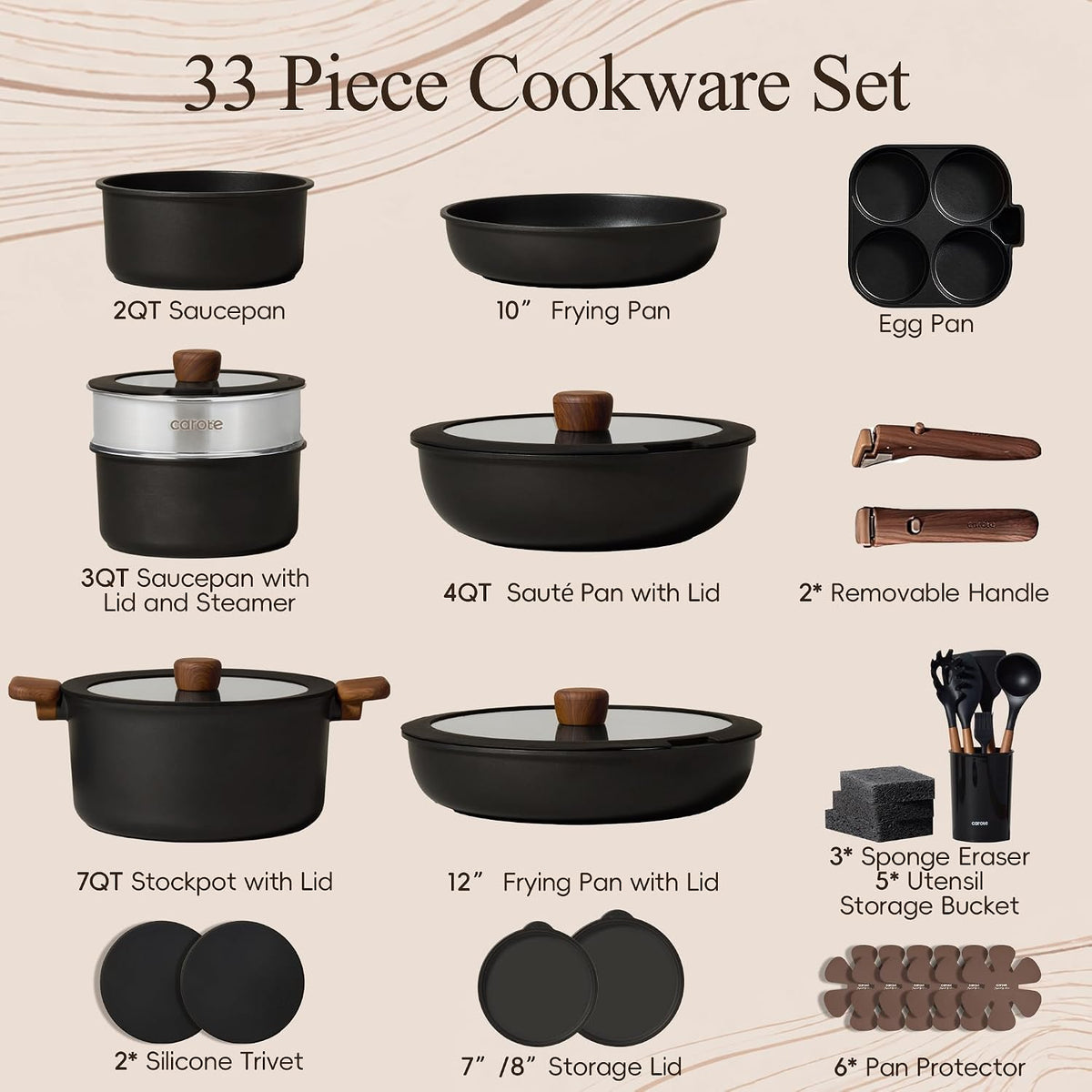 Cookware Set 33 Piece Nonstick with Removable Handles, Black