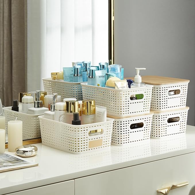Small Plastic Storage Bins with Bamboo Lids 5.2qt Stackable Box Basket Pantry Decorative Containers Cute with Lable for Organizing Desktop Closet Office Cream White of 6 packs 10*7.2*4.1'’