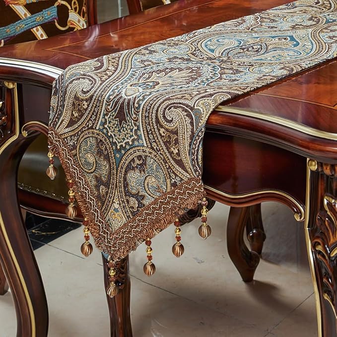 Table Runner Coffee Floral Embroidered 12 x 72 Inch Velvet-Backed