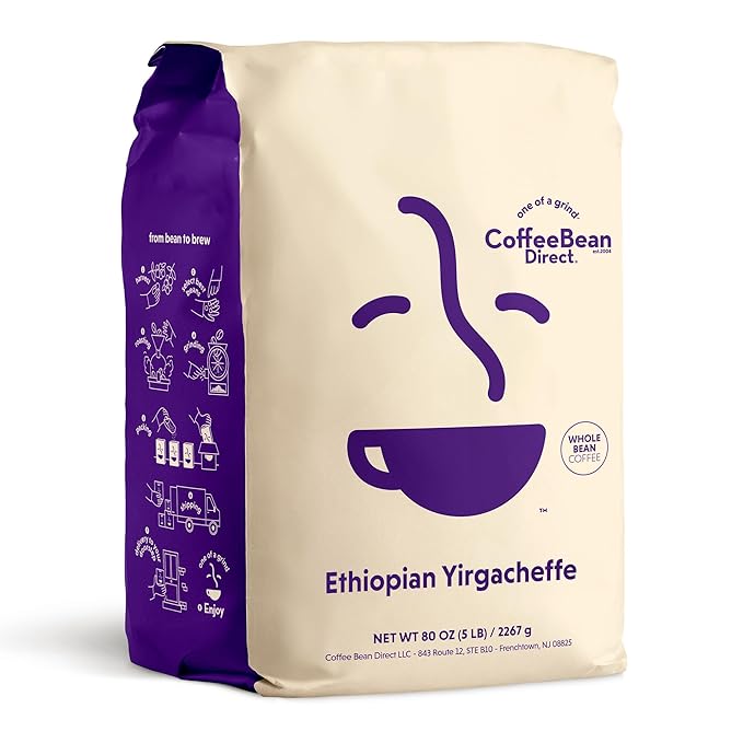 Coffee Bean Direct Ethiopian Yirgacheffe, Whole Bean Coffee, Light Roast, 5 Pound Bag (Pack of 1)