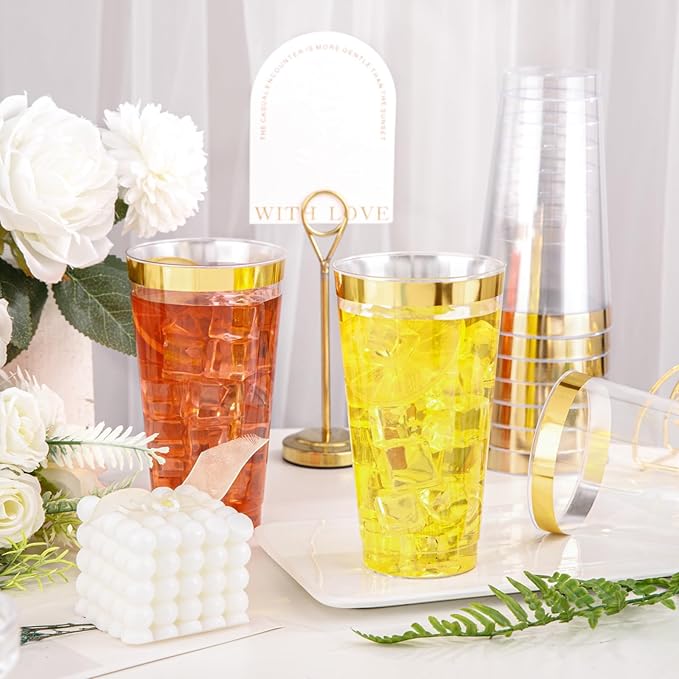 Cups, 16 oz Heavy Duty Clear Plastic with Gold Rim, 50 Count