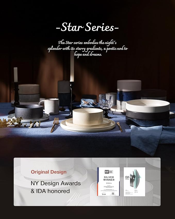 famiware Star 8.25" Pasta Bowls, Large Dinner Bowls Set of 4, Salad Bowl Plates, Shallow Bowls for Eating, Nebulas Blue