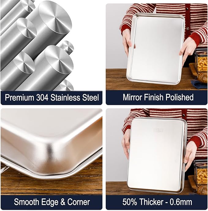 Small Cookie Baking Sheet Pans Stainless Steel 304 Tiny Serving Tray 12.4 x9.6 x1.1Inch (Diagonal 14.8) No Rust Dishwasher Safe Bakeware 6 Pack