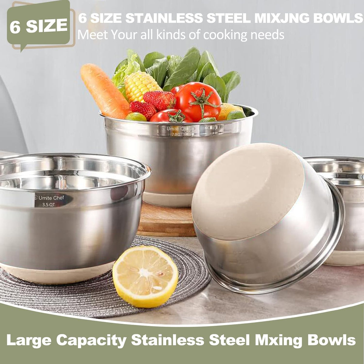 Mixing Bowls with Airtight Lids, 6 piece Stainless Steel Metal Nesting Storage – alternate view