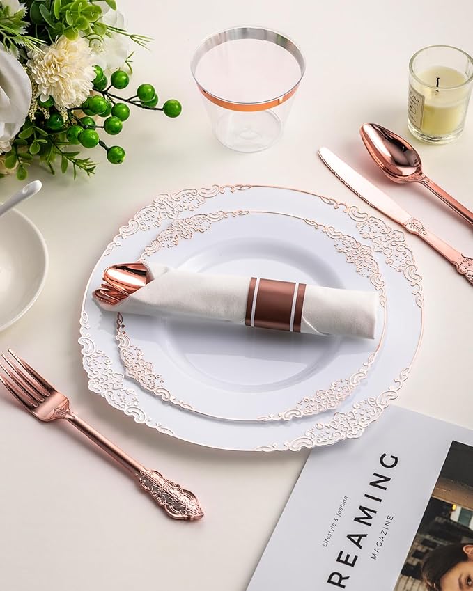 Plates Set with Rose Gold Border, Disposable Plastic, 350 Pieces