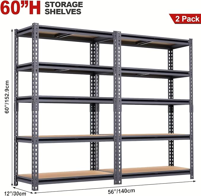 Standing Shelf Units, 2-Pack Metal Rack, 12 x 28 x 60 Inch Floor Mount